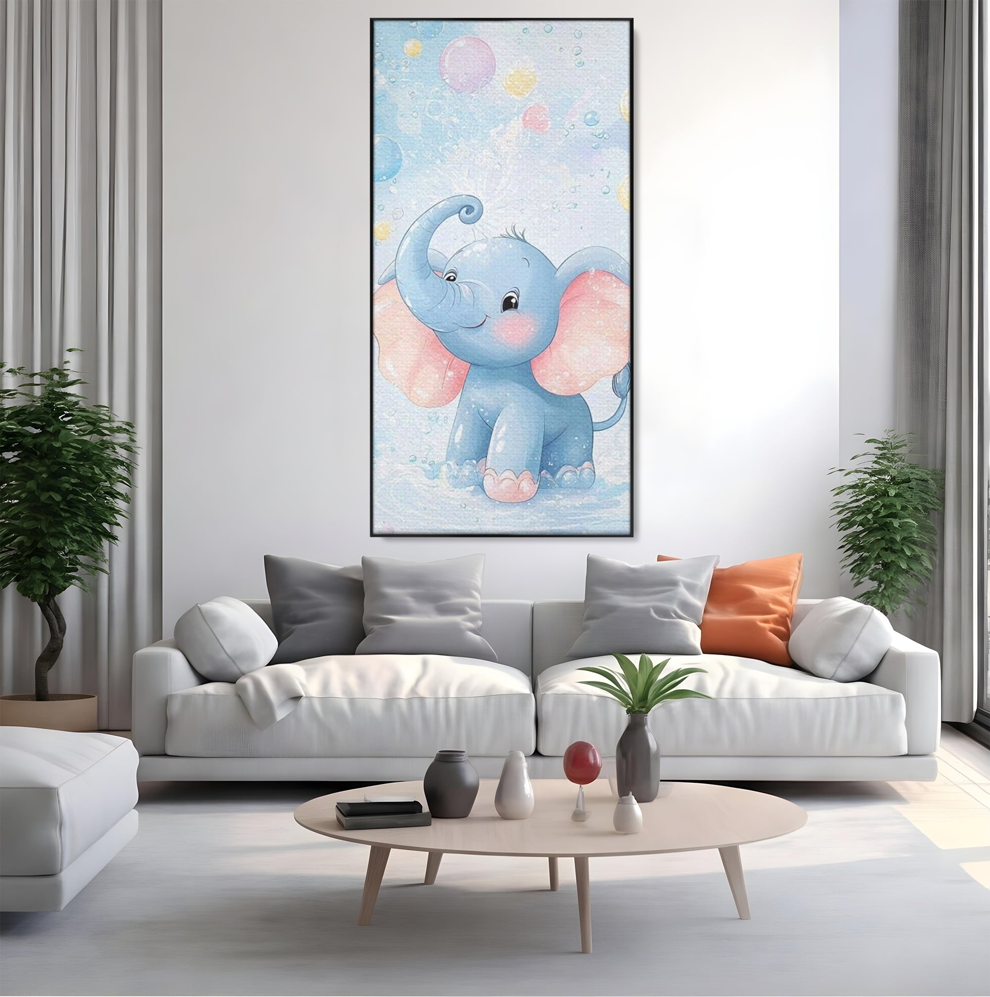 Tablou canvas cu tablou canvas cu elefantelet albastru, in rama de aluminiu negru, pe perete intr-un living